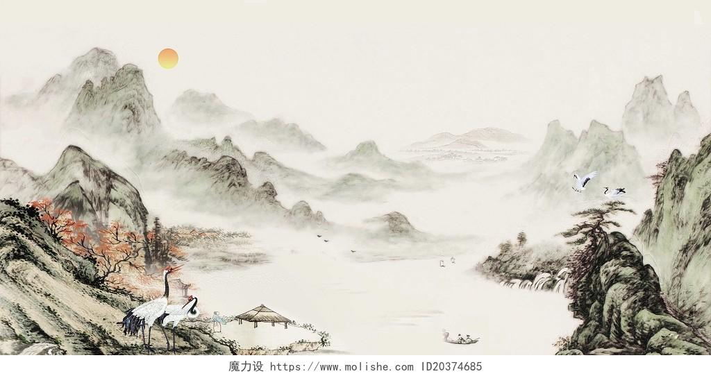 仙鹤中国风古风水墨山水展板背景